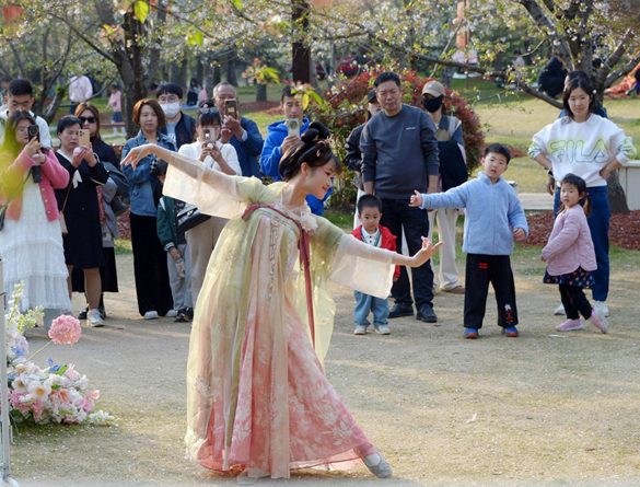 清明假期期間，上海顧村公園櫻花島上，游客在觀賞國風(fēng)漢服快閃表演。（圖片來源：視覺中國）