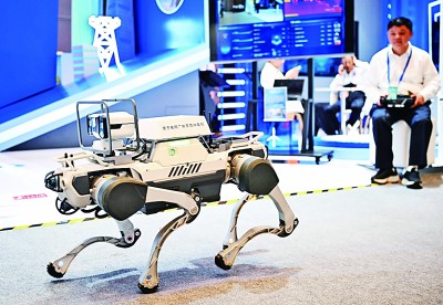  網(wǎng)絡(luò)安全博覽會(huì)上的企業(yè)展示電網(wǎng)巡線機(jī)器狗。新華社記者 鄧華攝